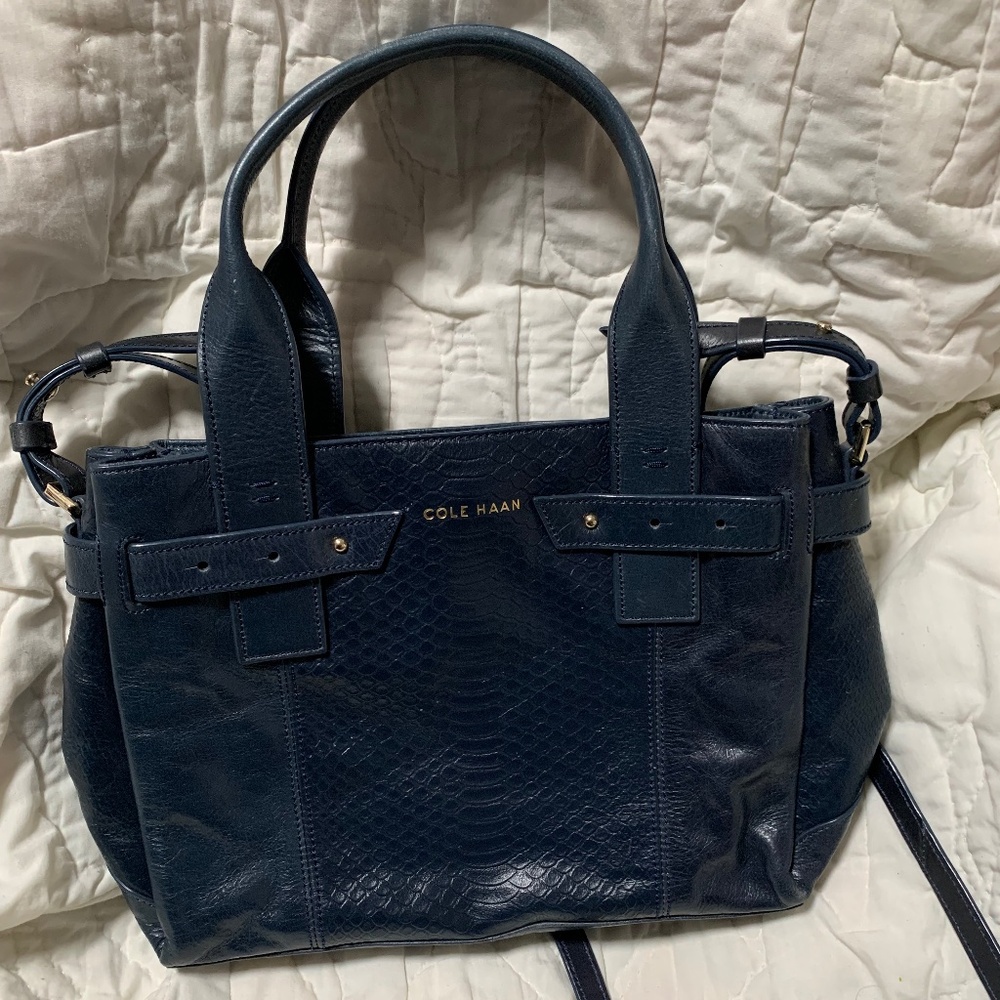 Cole Haan Croc- Embossed Navy Blue Crossbody Satchel